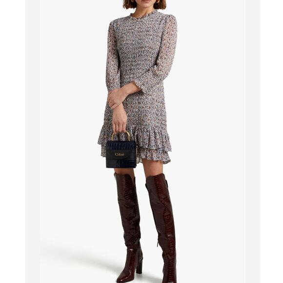 VERONICA BEARD MINI DRESS FARHA SMOCKED FLORAL Sz 6 RUFFLED HEM COTTAGE CORE - Picture 3 of 16